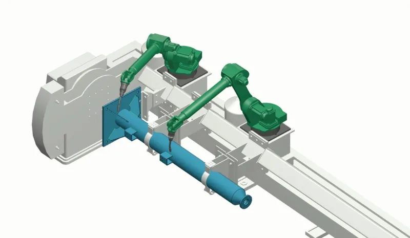 Zwei Schweißroboter und ein Positionierer arbeiten in einer ArcNC-Simulation an einem Bauteil.
