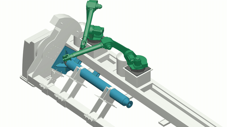 ArcNC-Simulation mit zwei Schweißrobotern und einem Positionierer, die am selben Bauteil arbeiten.