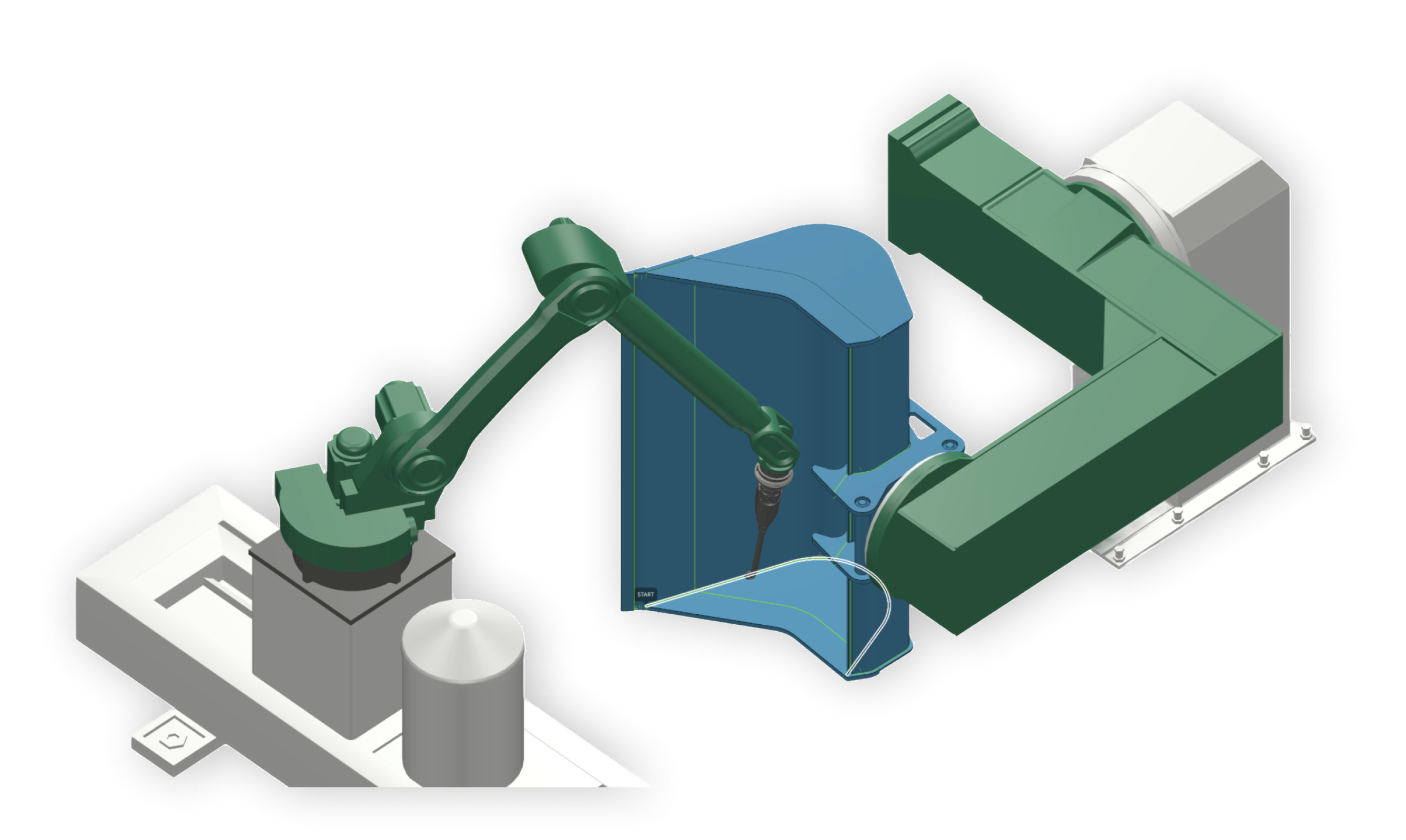 Robot, gantry and blue workpiece used for automatic motion planning