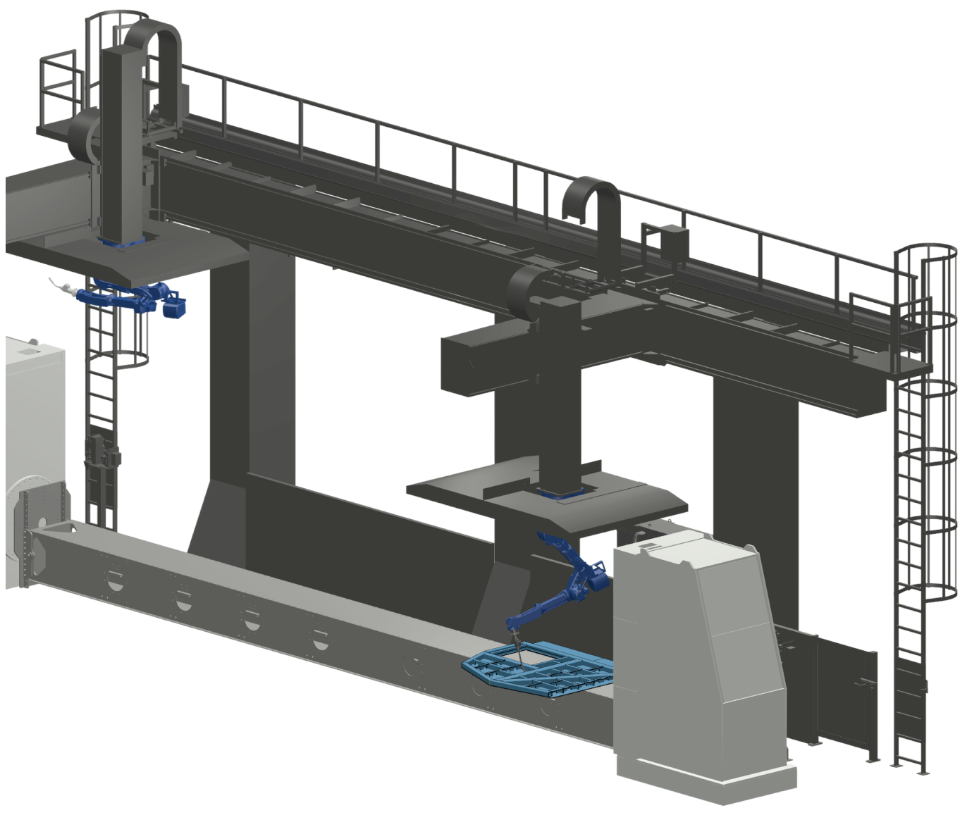 Industrial welding cell with two robots on an overhead gantry
