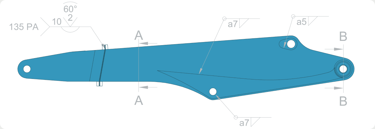 A two-dimensional boom drawing with weld symbols and dimensions